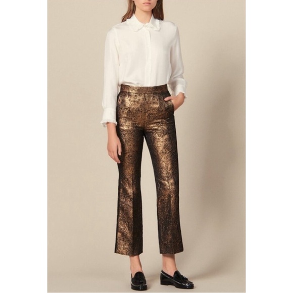 SANDRO | $370 NWOT Goldy Brocade Cropped Straight Leg Jacquard Trouser Pants - Picture 13 of 13
